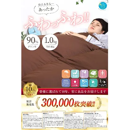 羽毛布団シングル掛け布団日本製ダウン90％1.0kg立体スクエアキルト8か所ループ付き無地ブラウン 寝具 軽量 抗菌 消臭 立体キルト 茶色