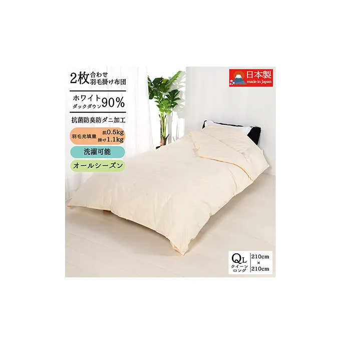 羽毛布団クイーン二枚合わせ 合掛布団1.1kg/肌掛布団0.5kg オールシーズン対応 クリーム 寝具 掛け布団 軽量 立体キルト 春 夏 秋 冬 