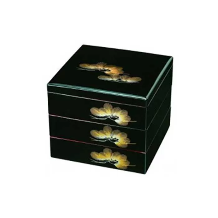 三段重箱 黒 若松(内朱塗)[紀州漆器]