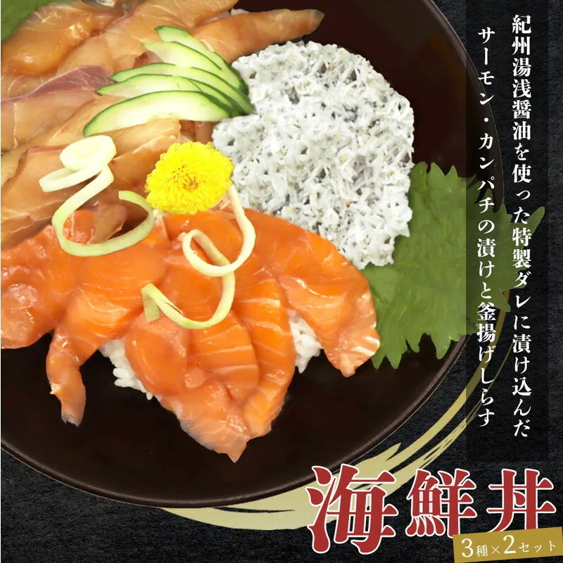 紀州湯浅醤油を使ったサーモンとカンパチの漬け＆釜揚げしらすの 海鮮丼 3種セット 計600g (100g×2パック×3種)_G7020