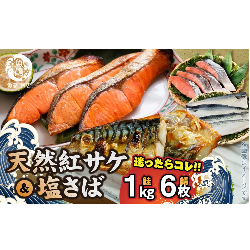 G7319_迷ったらコレ！！魚鶴商店の天然紅サケ 1kg & 塩さば 6枚セット