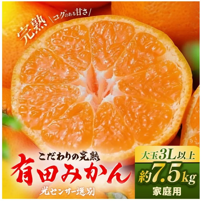 有田みかん 約7.5kg 大玉3L以上 有機質肥料100% ＼光センサー選別／ 農家直送 ※北海道・沖縄・離島への配送不可◇※2025年11月中旬～2026年1月上旬頃に順次発送予定