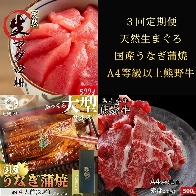 〈毎月定期便〉紀州和歌山うまいもんセットB(生まぐろ・うなぎ蒲焼・熊野牛)全3回 ※離島への配送不可