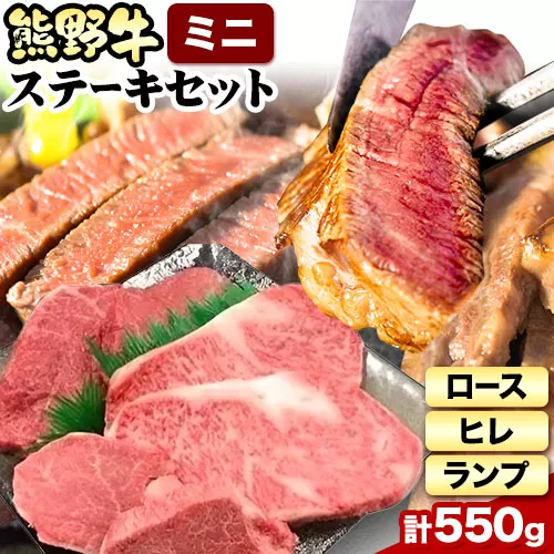 熊野牛 ステーキバラエティセットミニ(粉山椒付き) 澤株式会社(Meat Factory) 合計 約550g《90日以内に出荷予定(土日祝除く)》 和歌山県 日高町 熊野牛 牛 うし 牛肉 ステーキ セット ロース ヒレ ランプ 送料無料  