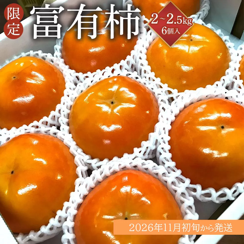 ［限定］ 富有柿 2kg〜2.5kg 6個入 至高の逸品 約1000個に１個！［先行予約］［2026年11月初旬頃から発送］［KG5］