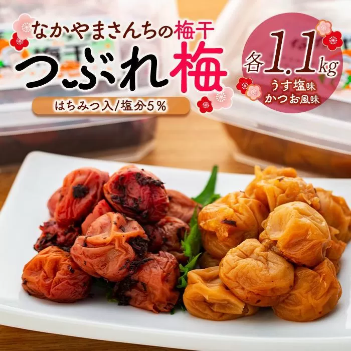 なかやまさんちの梅干（1.1kg×2箱）うす塩（はちみつ入）塩分5％とかつお風味（はちみつ入）塩分5％セット【つぶれ梅】【訳あり】