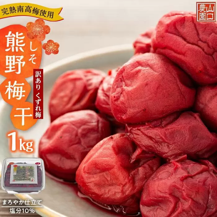 完熟南高梅使用　くずれ梅　しそ熊野梅干　1kg　まろやか仕立て（塩分10％）【訳あり】