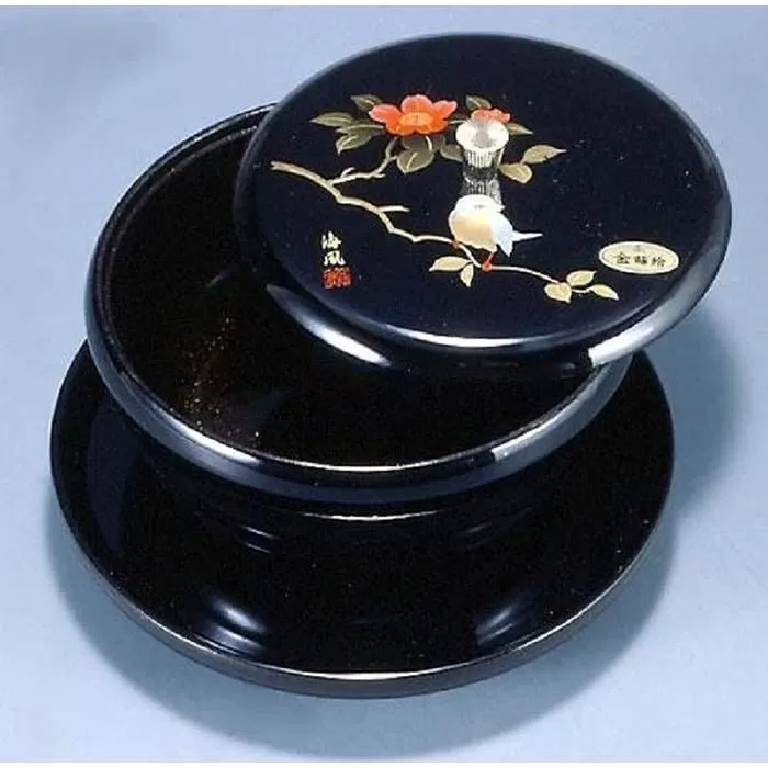 丸盆付菓子器 7.0寸 さえずり(盛絵・内梨子地塗)【YG89】