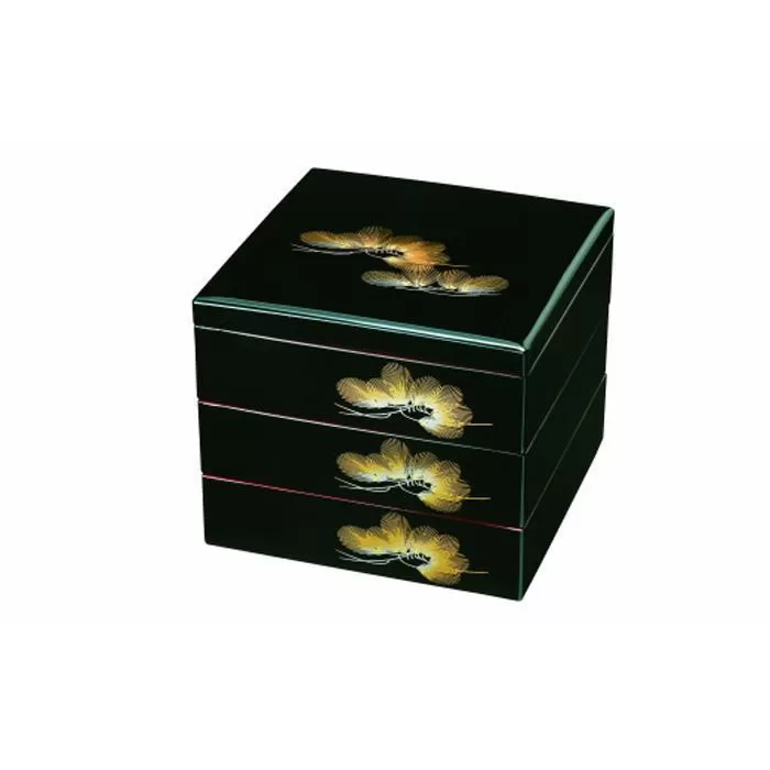 三段重箱 黒内朱 若松 お重 紀州漆器【YG7】