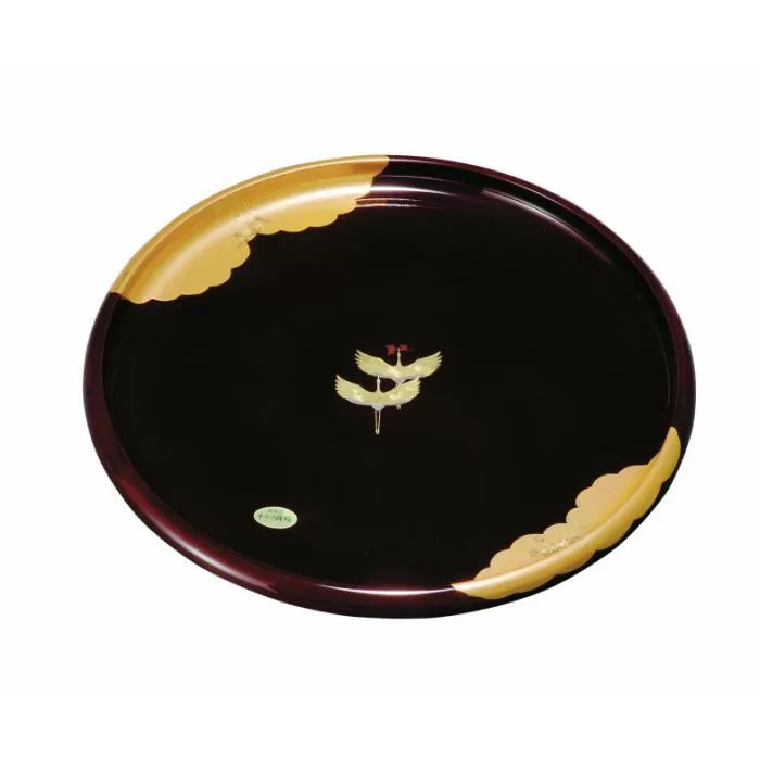 紀州塗り 丸盆 金雲昇鶴 溜塗り 24cm ［YG451］