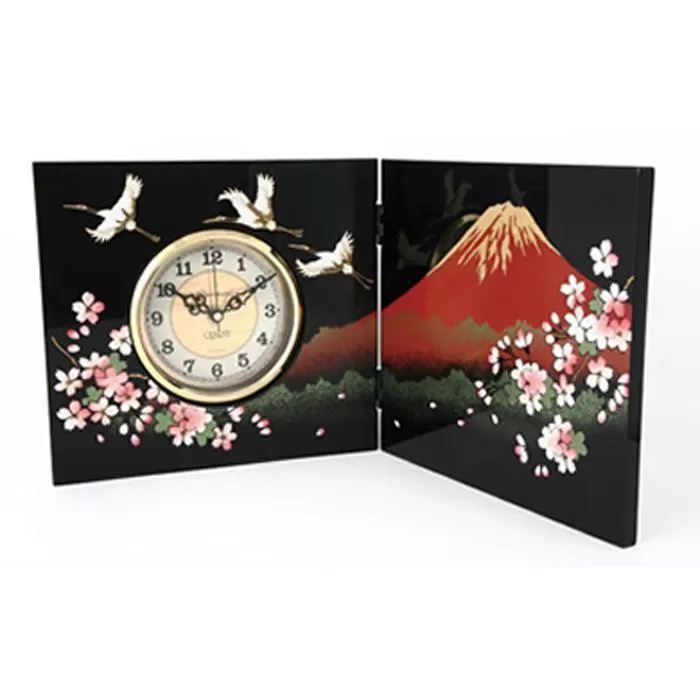 紀州漆器 屏風時計富士に桜（木製 カシュー漆塗） ［YS27］