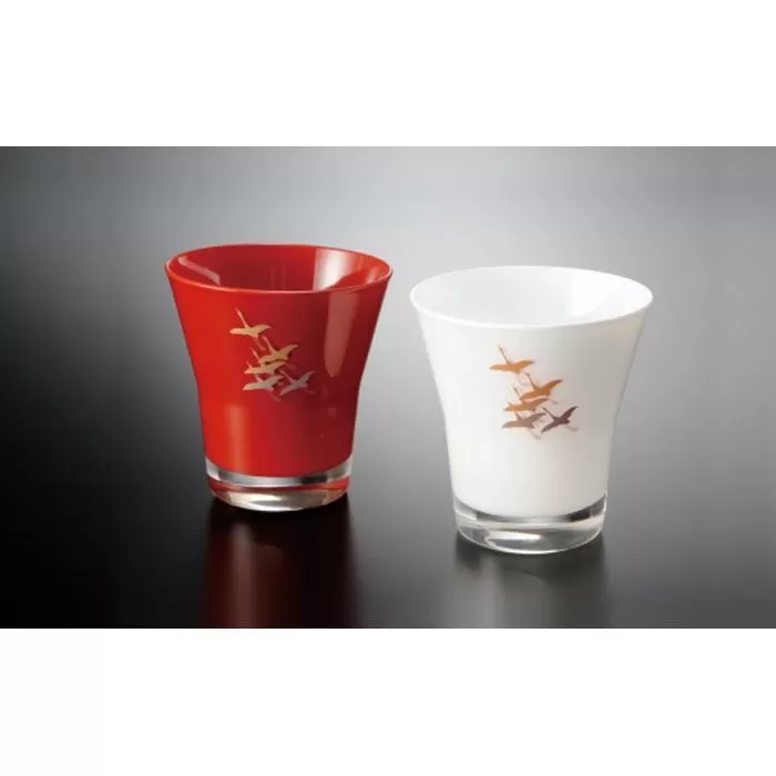 漆器 ガラス タンブラーグラス 蒔絵千羽鶴 ペア 赤 白【YG40】