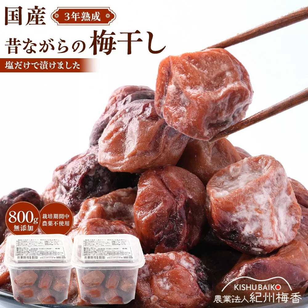 規格外品 無添加 栽培期間中農薬不使用 昔ながらの梅干し 紀州南高梅 塩のみで漬けたすっぱい梅干し 800g（400gパックx2個）塩分約23% 3年熟成品 N20-K ［KU8］