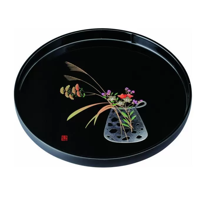 丸盆 30cm 黒 盛絵花かご ［YG465］