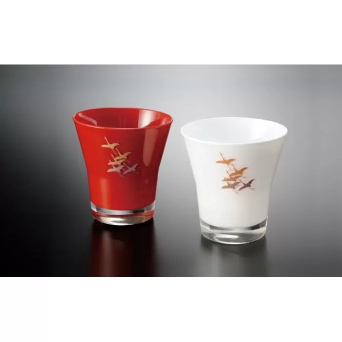 漆器 ガラス タンブラーグラス 蒔絵千羽鶴 ペア 赤 白【YG40】