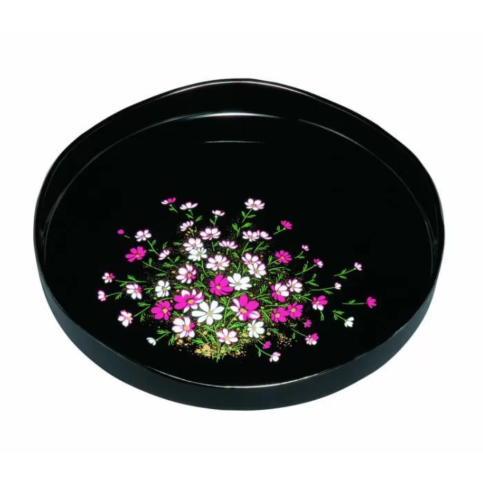 丸盆 梅型山道盆 黒 コスモス（金蒔絵） ［YG449］