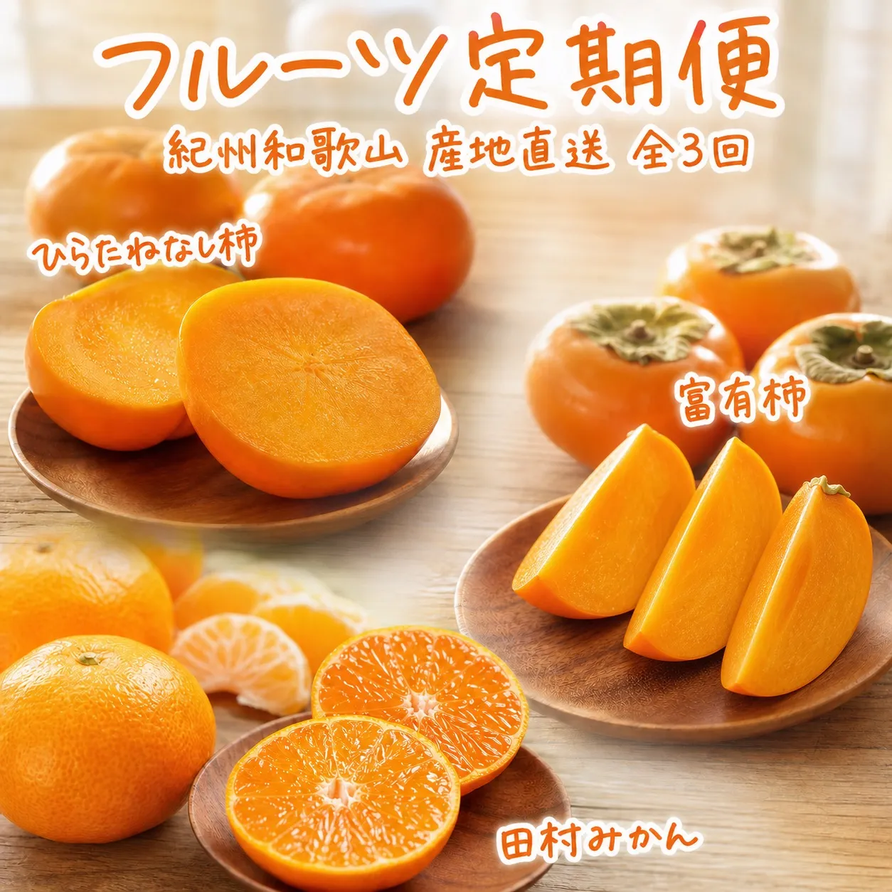 【全3回定期便】秋の味覚 果物定期便　柿・みかん　旬のフルーツを毎月お届け♪ひらたねなし柿・富有柿・田村みかん【tkb130】
