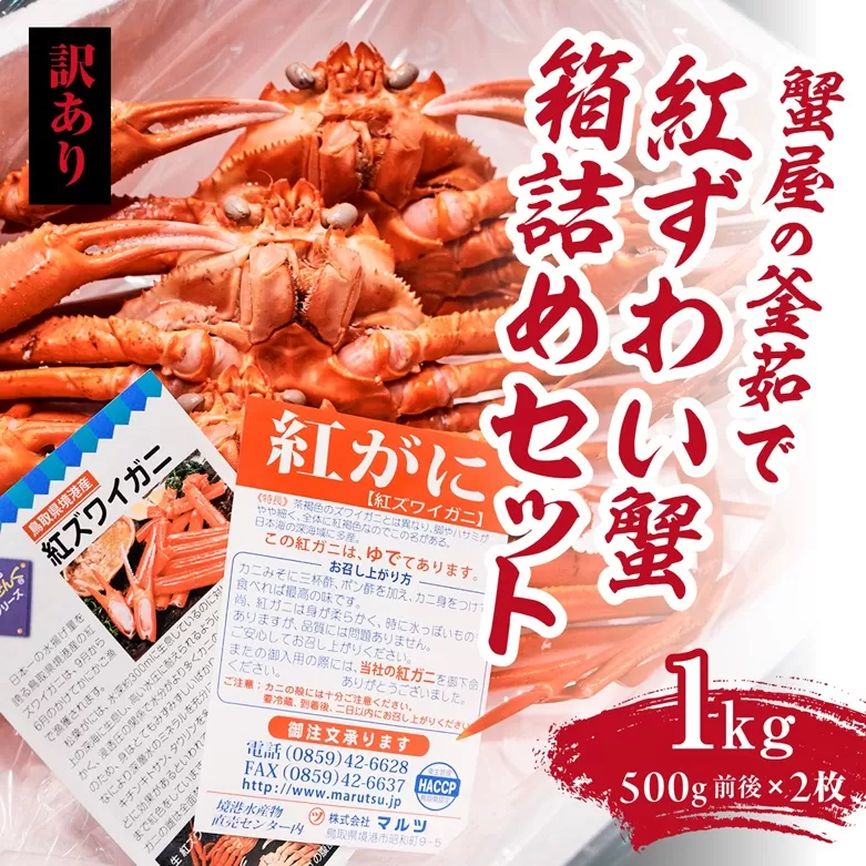 【訳あり】蟹屋の釜茹で紅ずわい蟹1kg箱詰めセット 500g前後×2枚 【北海道・沖縄・離島配送不可】 ベニズワイガニ 紅ずわいがに カニ かに 境港 マルツ ボイルズワイガニ 鳥取県日野町