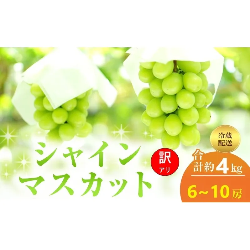 【2026年 先行予約】【訳あり品】シャインマスカット 6～10房 合計約4kg 冷蔵配送 ぶどう 葡萄 フルーツ 果物 岡山 高梁市
