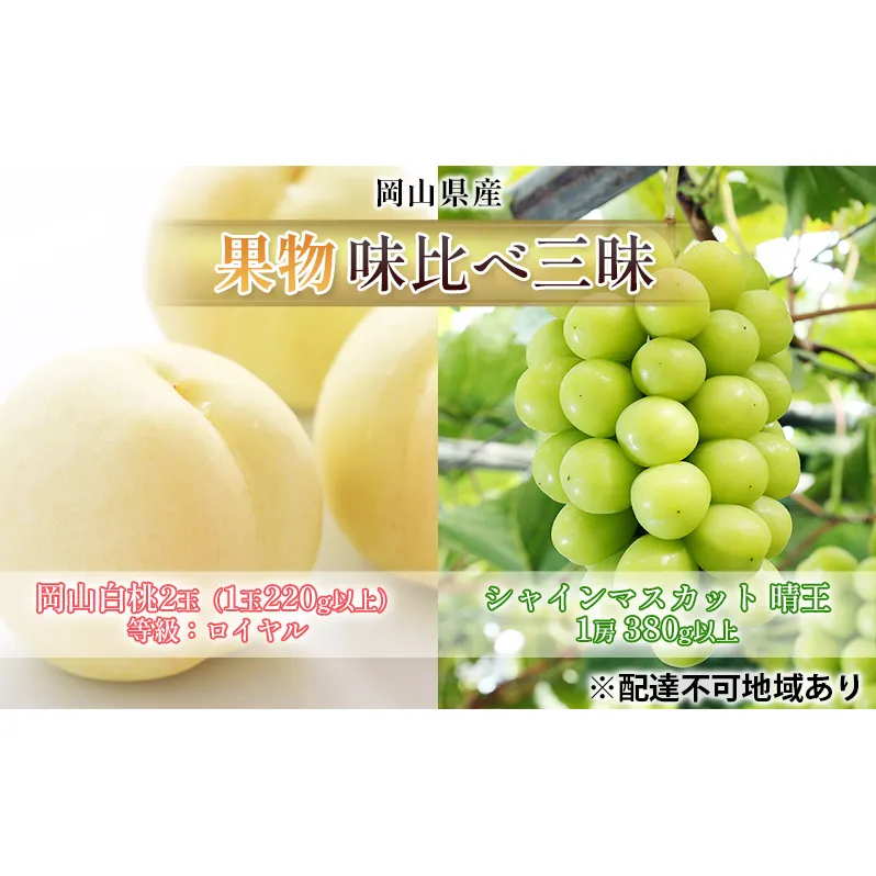 桃 ぶどう 2025年 先行予約 果物 味比べ三昧 岡山 白桃 2玉 等級：ロイヤル（1玉220g以上） シャイン マスカット 晴王 1房 380g以上 詰合せ もも 葡萄 岡山県産 国産 フルーツ 果物 ギフト 食べ比べ