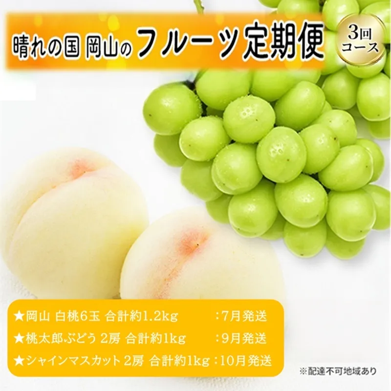 先行予約 晴れの国 岡山のフルーツ 定期便 3回コース 1回目 岡山 白桃6玉 合計約1.2kg／2回目 桃太郎ぶどう２房 合計約1kg／シャインマスカット 2房 合計約1kg