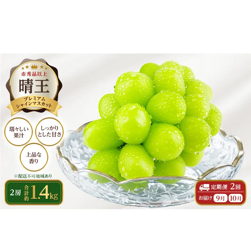 ぶどう 2026年 先行予約【2回定期便】 プレミアムシャインマスカット 晴王 2房 約1.4kg 人気 岡山県船穂産 赤秀品 種無し 皮ごと食べる みずみずしい9月10月お届け ハレノフルーツ
