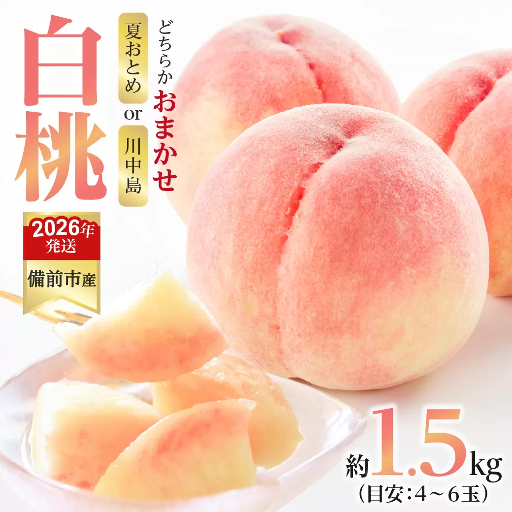 【2026年発送分　先行受付開始！】びぜん白桃　夏おとめ白桃・川中島白桃のうち1品種　約1.5kg（令和8年7月中旬～7月下旬頃発送）【 岡山県備前市産 夏おとめ白桃 川中島白桃 1品種のみ 約1.5kg （４～６玉目安）】
