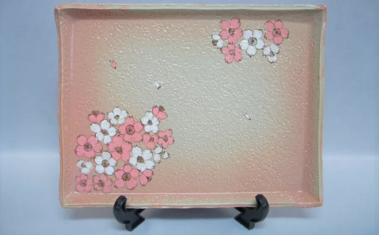 萩焼 桜散し足付角皿(皿立て付き)｜HG000103