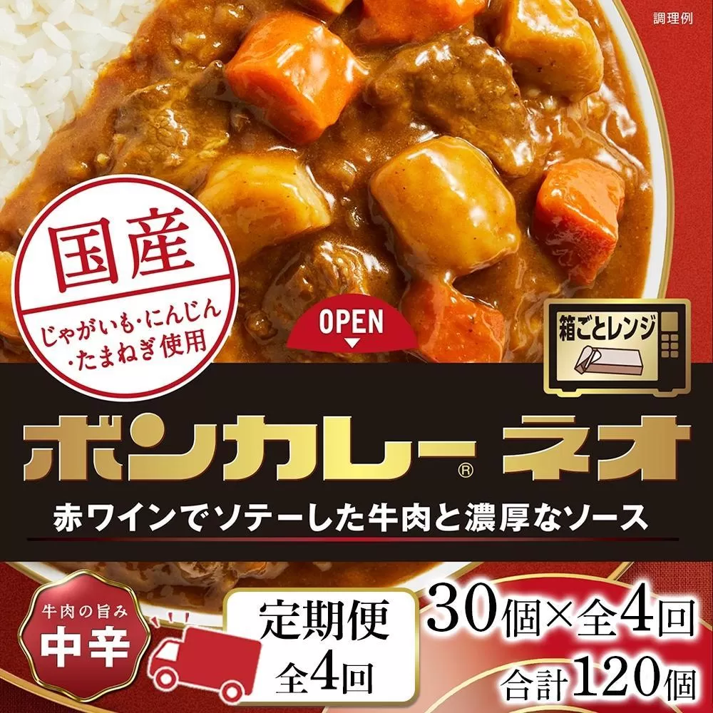 【定期便 全4回】ボンカレーネオ 牛肉の旨み(中辛)　30個×4回　計120個