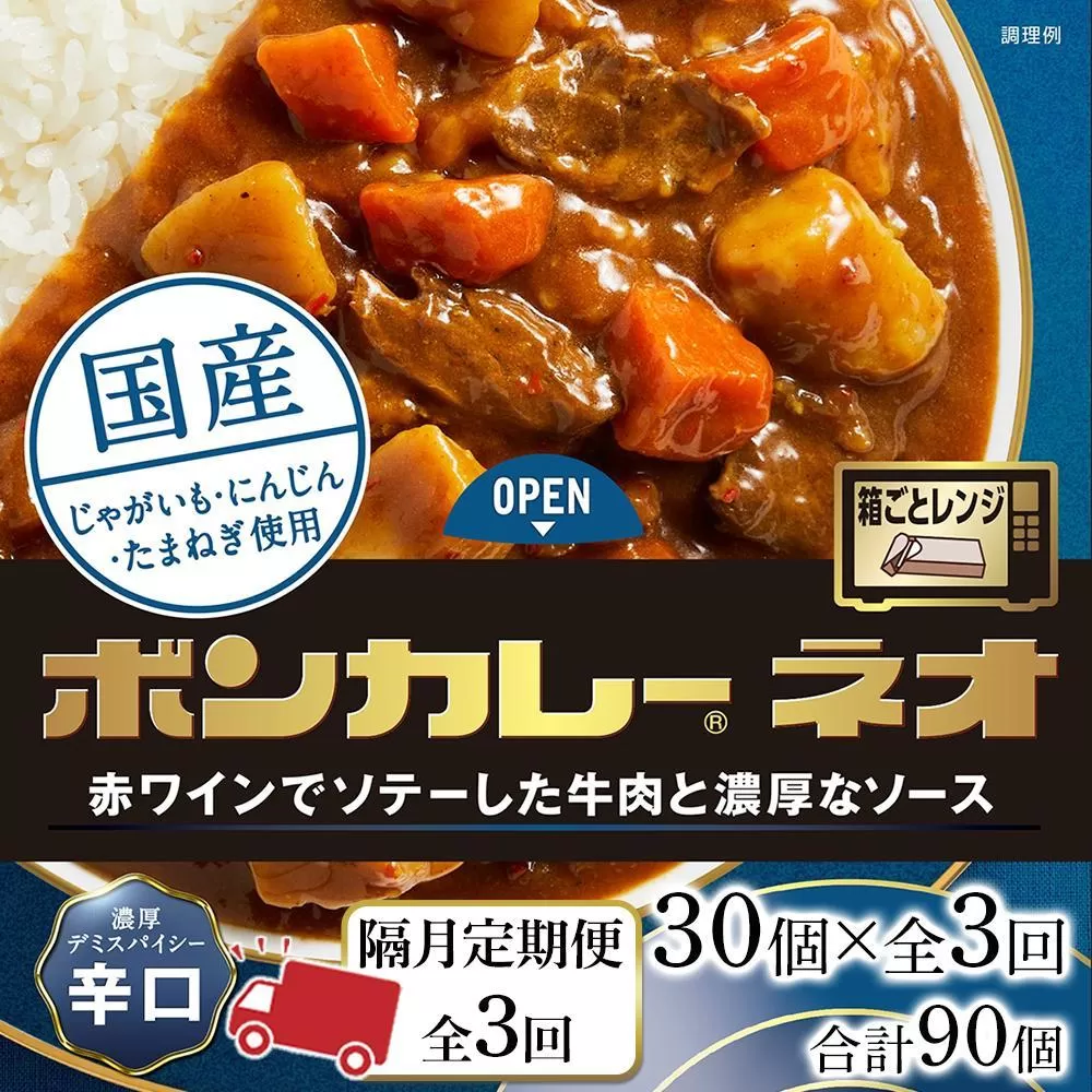 【隔月定期便 全3回】ボンカレーネオ 濃厚デミスパイシー(辛口)　30個×3回　計90個