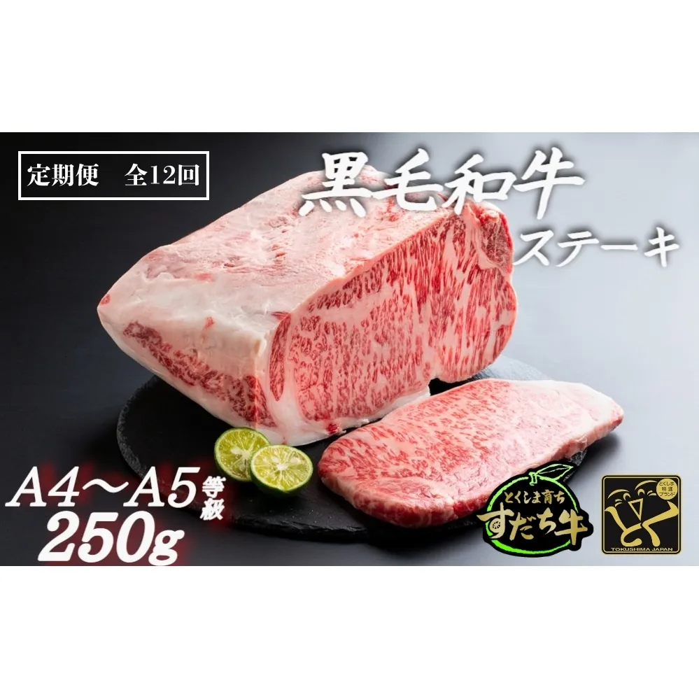 定期便 12回お届け すだち牛黒毛和牛（ステーキ用）250g　鳴門　すだち牛　黒毛和牛　ブランド牛　高級　敬老の日　お歳暮　定期便　ステーキ　
