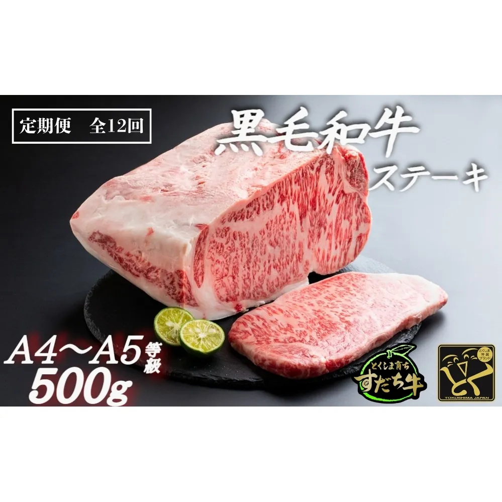 定期便 12回お届け すだち牛黒毛和牛（ステーキ用）500g　鳴門　すだち牛　黒毛和牛　ブランド牛　高級　敬老の日　お歳暮　定期便　ステーキ　