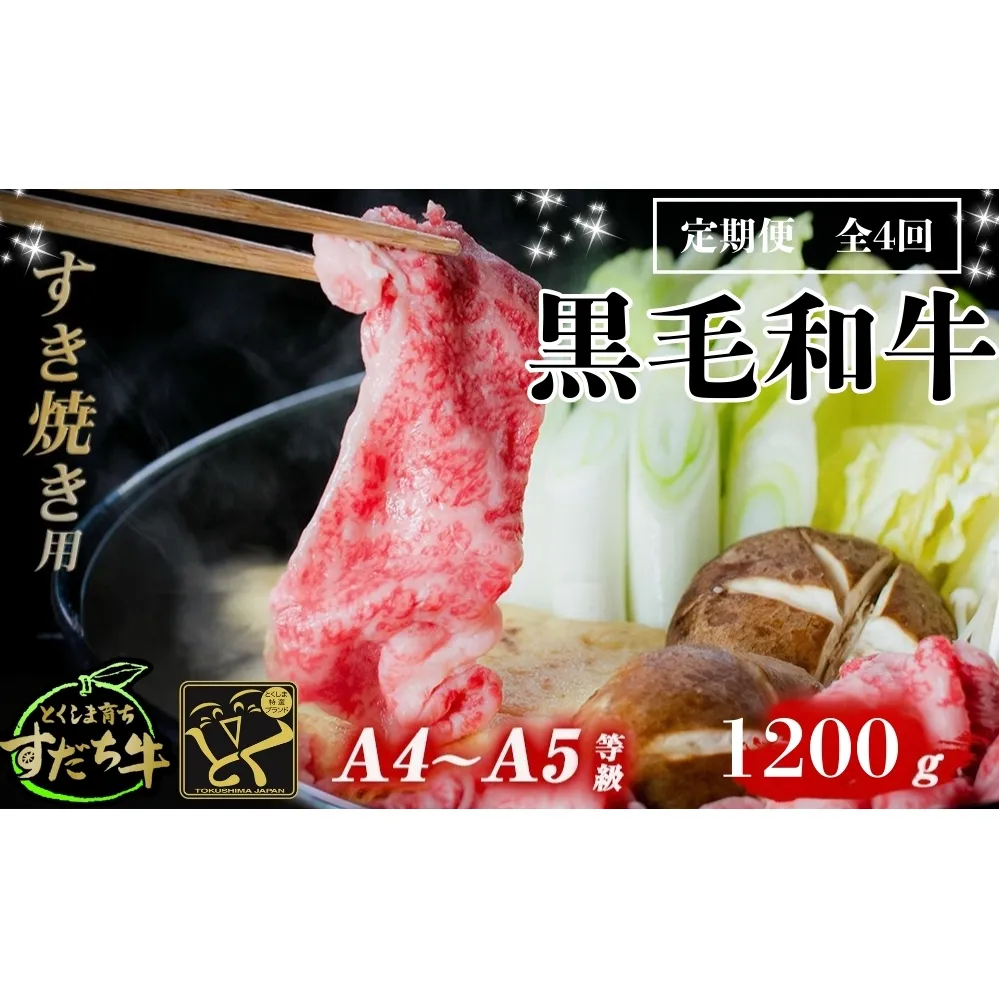 定期便 4回お届け すだち牛黒毛和牛（すき焼き用）1.2kg　鳴門　すだち牛　黒毛和牛　ブランド牛　高級　敬老の日　お歳暮　定期便　すき焼き
