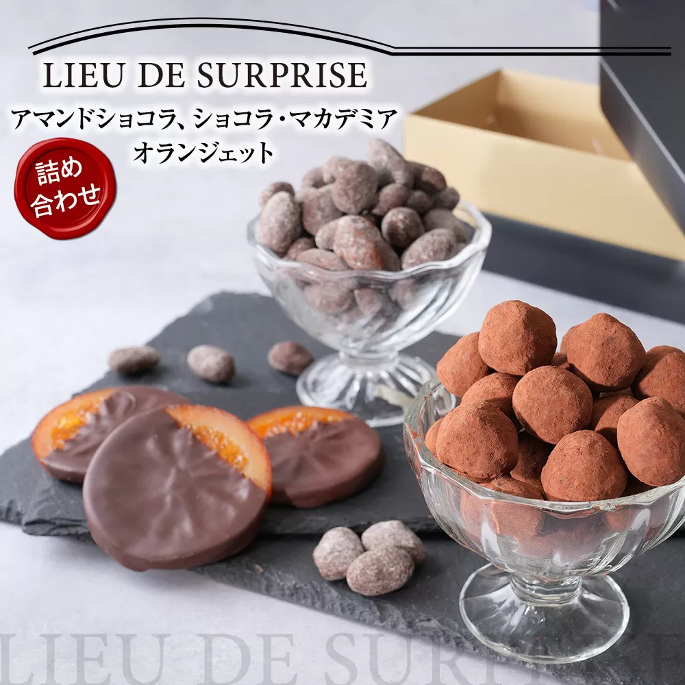 ［Pâtisserie LIEU DE SURPRISE］アマンドショコラ、ショコラ・マカデミア、オランジェット詰め合わせ