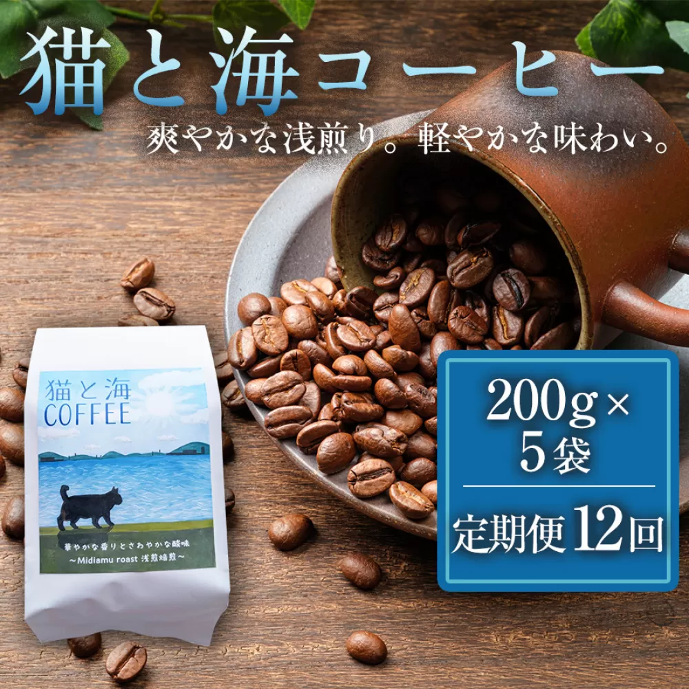 【定期便全12回】 猫と海コーヒー（浅煎りブレンド）200g×5袋 1セット コーヒー豆 珈琲豆 浅煎り 焙煎 コーヒー 珈琲 インドネシア産 ブラジル産 グアテマラ産 エチオピア産 ドリップコーヒー スペシャルティコーヒー 家カフェ 香川県 高松市