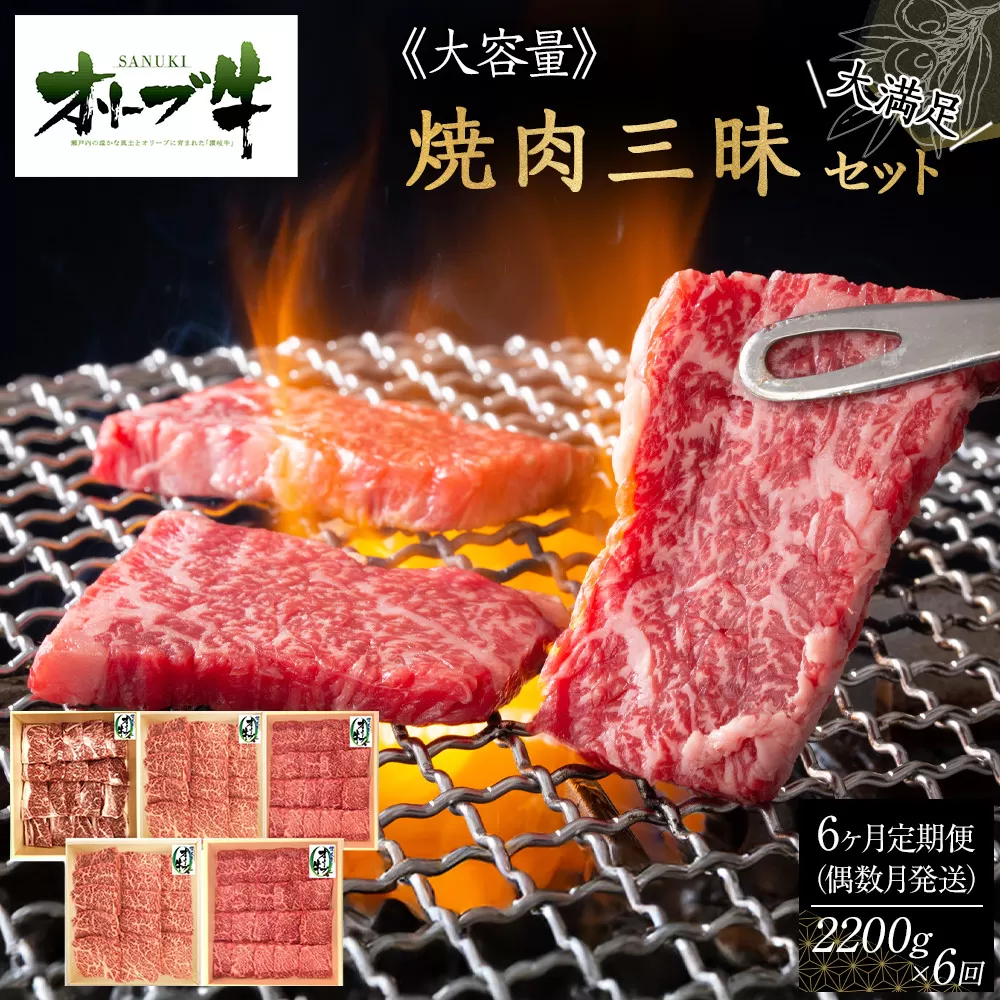偶数月発送≪6カ月定期便・大容量≫オリーブ牛焼肉三昧大満足セット　2200g×6回