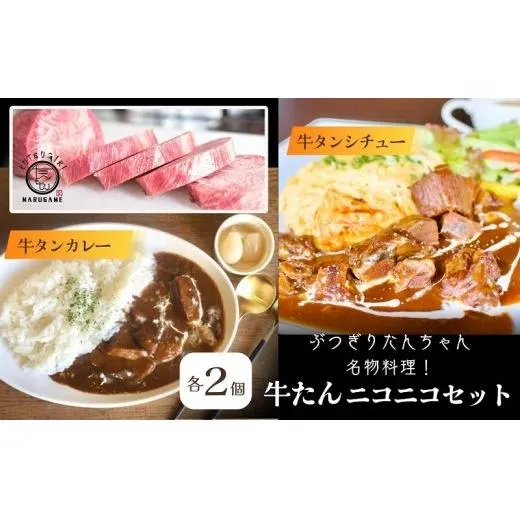 牛タン ニコニコ セット 牛タンシチュー + 牛タンカレー 各2袋 詰め合わせ ぶつぎりたんちゃん名物料理 シチュー カレー ビーフシチュー ビーフカレー 牛肉 牛 惣菜 スープ レトルトカレー 冷凍食品 湯煎 レトルト 真空パック 冷凍 冷凍配送 丸亀