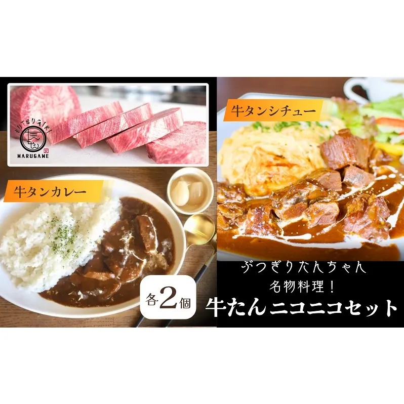 牛タン ニコニコ セット 牛タンシチュー + 牛タンカレー 各2袋 詰め合わせ ぶつぎりたんちゃん名物料理 シチュー カレー ビーフシチュー ビーフカレー 牛肉 牛 惣菜 スープ レトルトカレー 冷凍食品 湯煎 レトルト 真空パック 冷凍 冷凍配送 丸亀