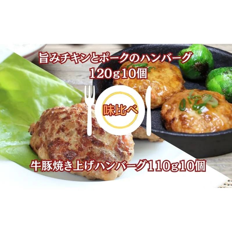 旨みチキンとポークのハンバーグ 120ｇ10個と牛豚焼き上げハンバーグ110ｇ10個（冷凍直送）