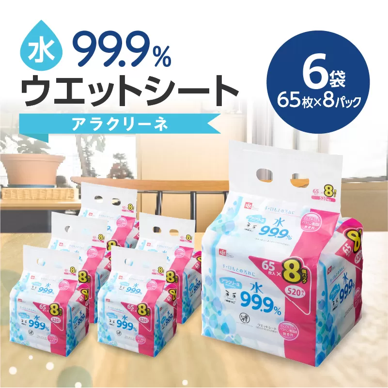【ふるさと納税】【3か月定期便】ウエットシート 65枚×8パック 6袋×3か月 水99.9％ アラクリーネ コンパクトサイズ オーバーストップ機能 シート 取り出しやすい 無香料 ノンアルコール パラベンフリー 持ち歩き 便利 日用品 送料無料