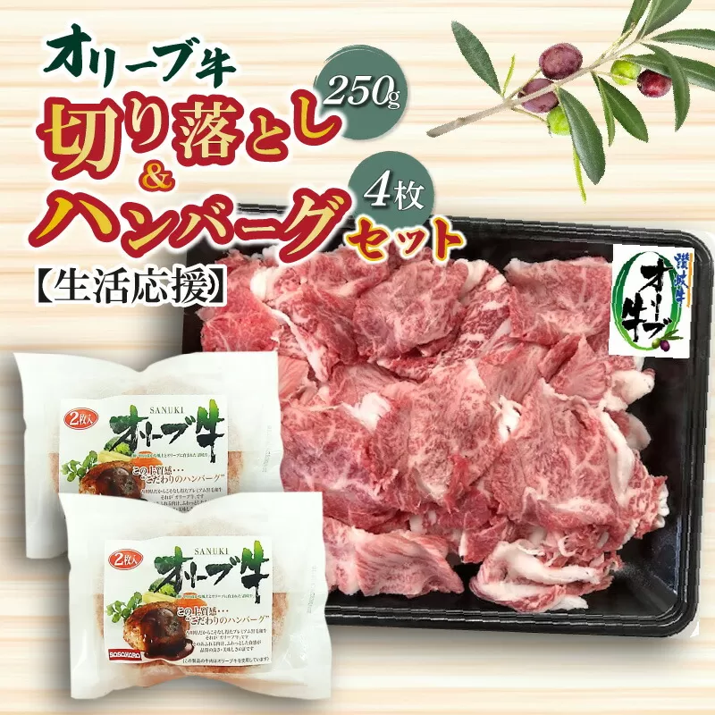 【ふるさと納税】生活応援 オリーブ牛 切り落とし 250g ハンバーグ 100g×4枚 ハンバーグソース 20g 4袋 セット 讃岐牛 肉 牛肉 赤味肉 冷凍 お土産 ギフト 香川県 三豊市 お取り寄せグルメ お取り寄せ 送料無料  秋 旬