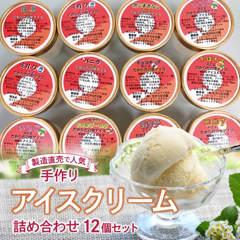 【ふるさと納税】製造直売 人気 手作りアイスクリーム 12個セット 手作り アイス アイスクリーム 氷菓子 氷菓 詰め合わせ セット 味比べ 季節限定 フレーバー カップアイス カップ ミルクアイス バニラアイス バニラ チョコチップ かぼちゃ いちご 香川県 三豊市 送料無料