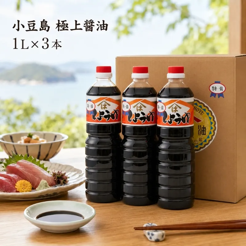 醤油 小豆島 1L × 3本 極上醤油 味付醤油 濃口醤油 濃口しょうゆ こいくち しょうゆ 調味料 調味料セット 詰め合わせ 杉桶仕込み 醤油蔵 登録有形文化財 発酵 熟成 うま味 万能調味料 ペットボトル かけ醤油 刺身 煮物 料理 贈り物 香川県 土庄町