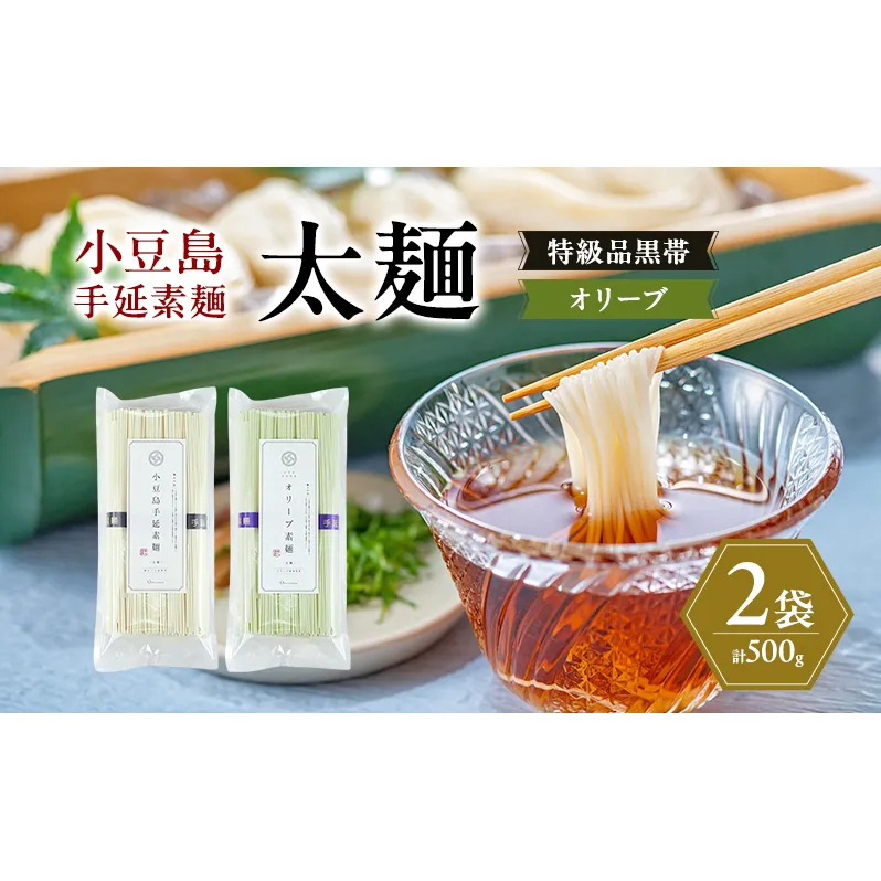 小豆島手延素麺 (太麺) 2袋セット (特級品黒帯×1・オリーブ素麺×1) 計500g 素麺 そうめん