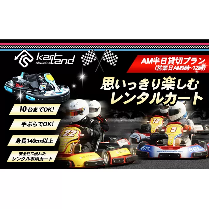 思いっきり楽しむレンタルカート　AM半日貸切プラン(営業日AM9時～12時　10台まで) 体験 チケット レジャー サーキット レーシング 大人 子供 最高速度60～70km カートランド四国 