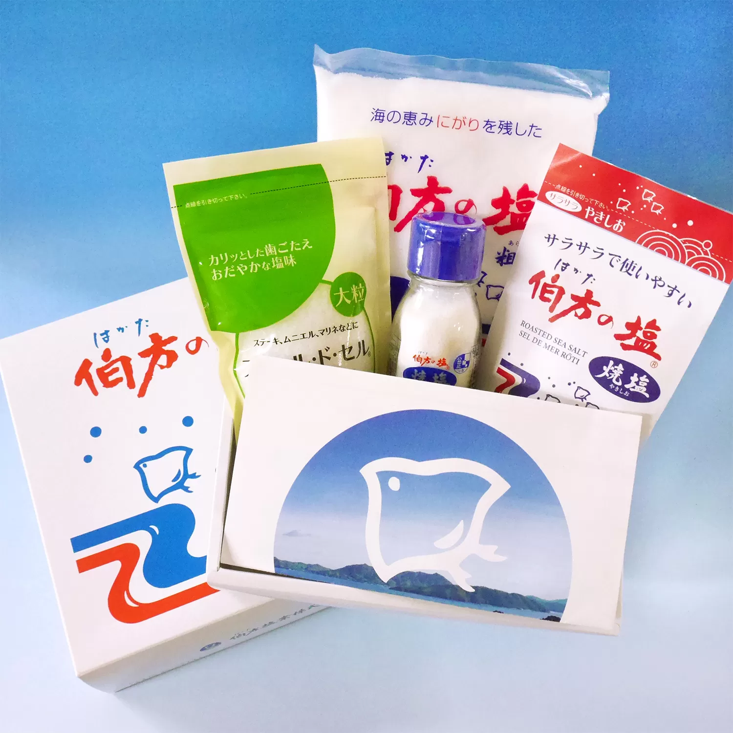 伯方の塩詰合せA　粗塩(500g)　 焼塩(250g)　 焼塩(80gビン)　フルール・ド・セル(150g) 
