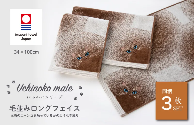 （今治タオルブランド認定品）Uchinoko mate にゃんこシリーズ 毛並みロングフェイスタオル３枚セット（ポインテッド／シャム） [I004680FT3I] 今治タオル タオル フェイスタオル 大きめ 今治フェイスタオル 猫 ネコ ねこ 吸水 ギフト ギフトセット お祝い 贈り物 日本製 プレーリードッグ