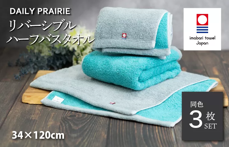 (今治タオルブランド認定)DAILY PRAIRIE リバーシブルハーフバスタオル 3枚セット (グレー/ターコイズ)