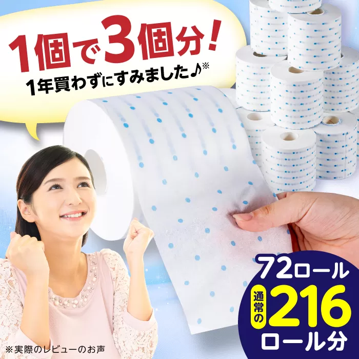 【4ケース】3倍長持ち トイレットペーパー サンハニー (水玉ブルー柄) トイレットペーパー シングル パルプ バージンパルプ100% 省スペース トイレットペーパーシングル 【機能素材株式会社】 [ATAA010]