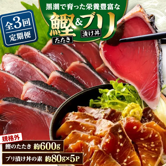 【3回定期便】規格外カツオたたき 約600g＋ブリ漬け丼の素 約80g×5パック 【興洋フリーズ株式会社】 [ATBX122]